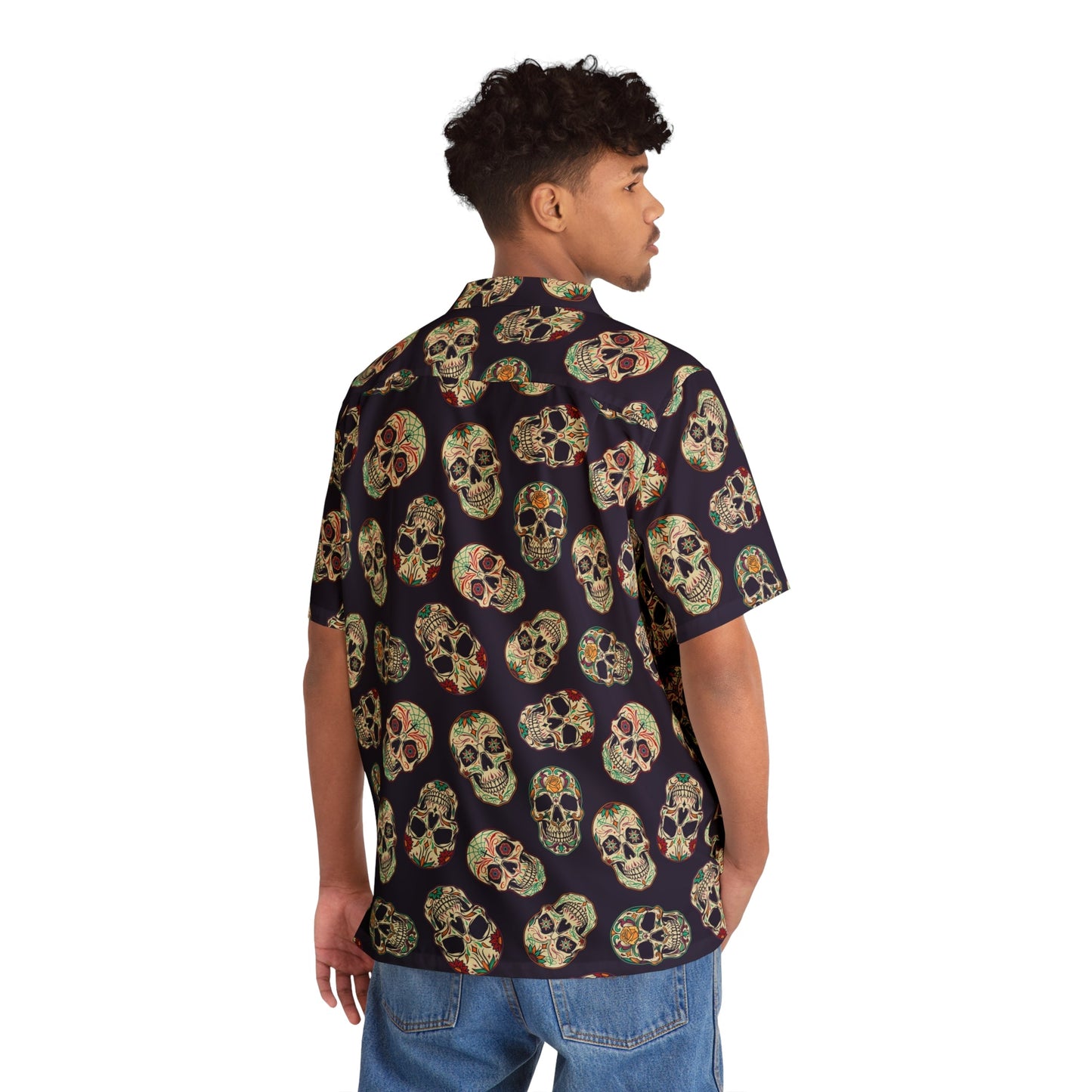 "Dia de Muertos Darkness" Cotton Button-Up Shirt