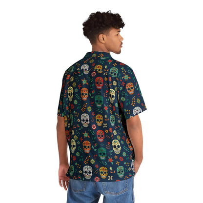 "Midnight Sugar Skulls" Cotton Button-Up Shirt