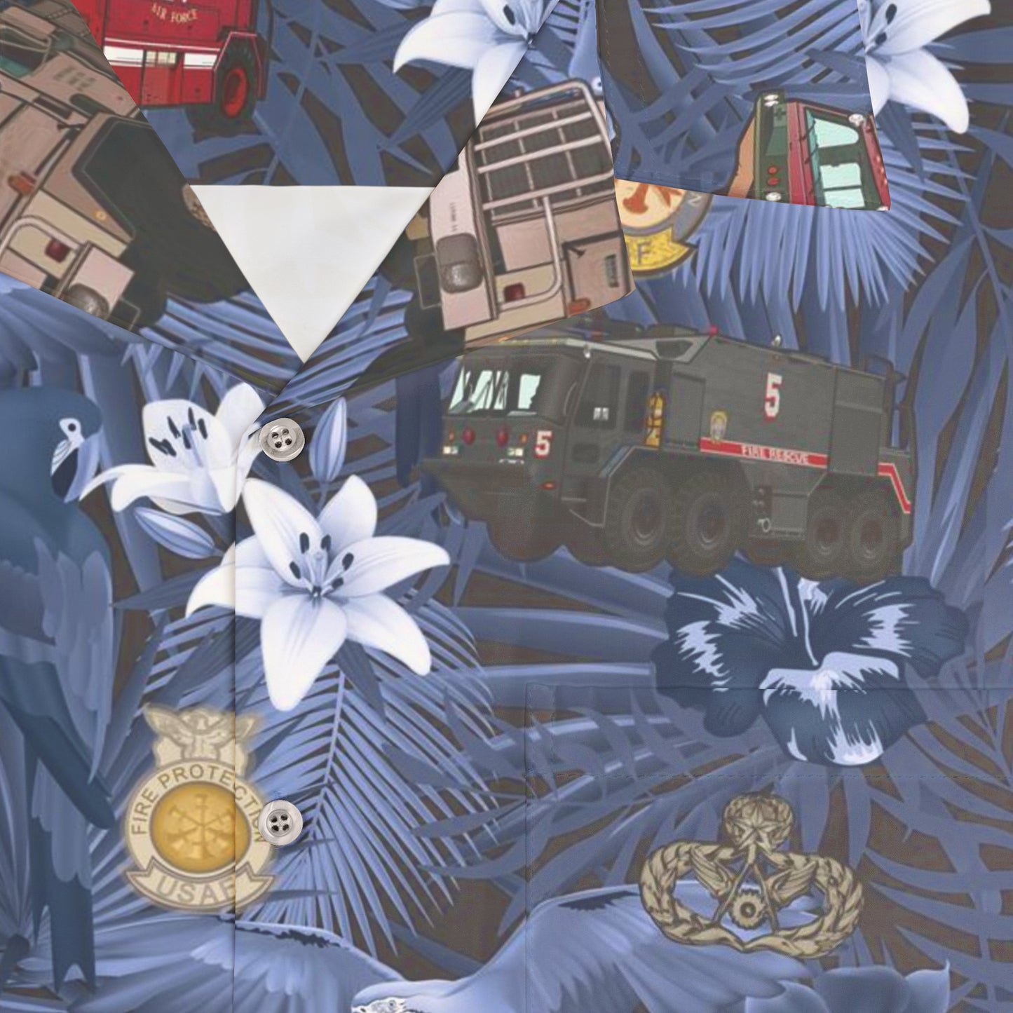 Hawaiian Shirt - "The Goodfellow Era ARFF Trucks" - Blue in Cotton