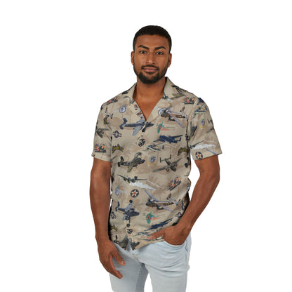 Men's Hawaiian Camp Shirt - Vintage Airplane Print, Perfect for Beach Days & Summer Gatherings