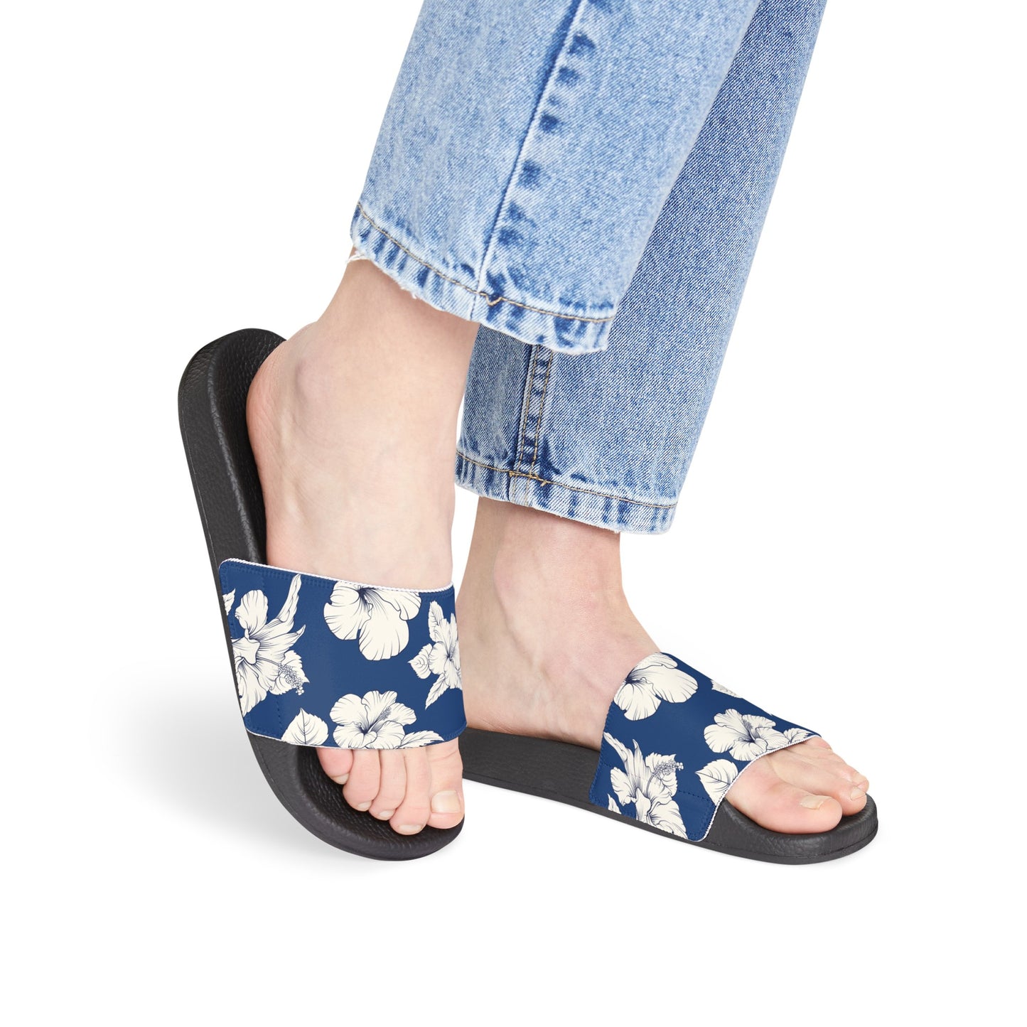 "Classic White Hibiscus in Blue" Women's Slide Sandals