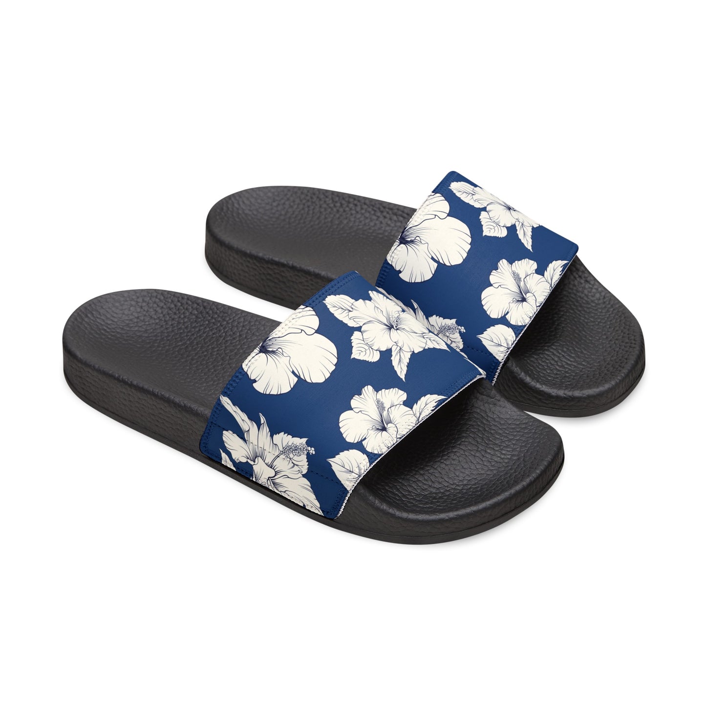 "Classic White Hibiscus in Blue" Women's Slide Sandals