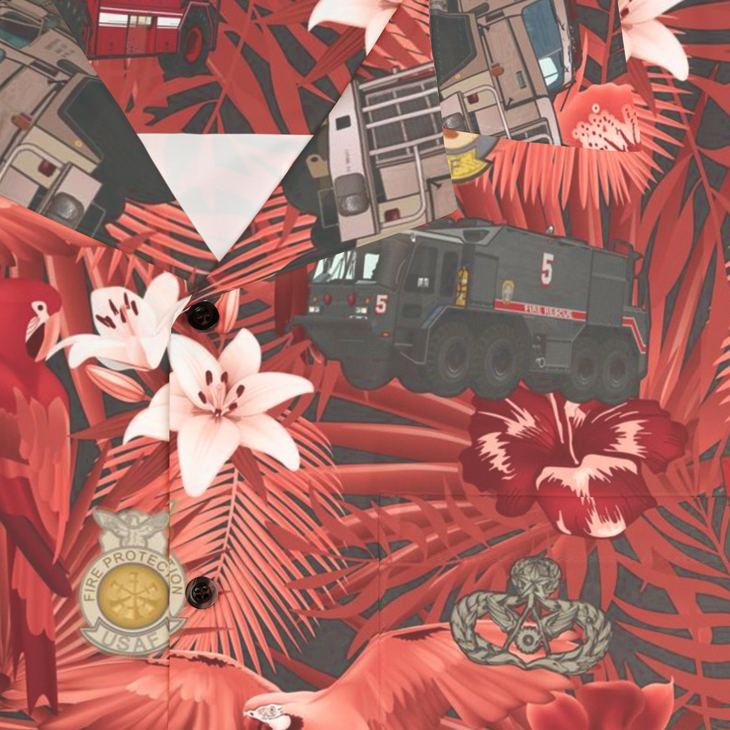 Hawaiian Shirt - "The Goodfellow Era ARFF Trucks" - Red in Cotton