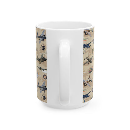 Aviation-themed white ceramic mug with striking B-25 "Russian to Get Ya" nose art, perfect for military history enthusiasts.
