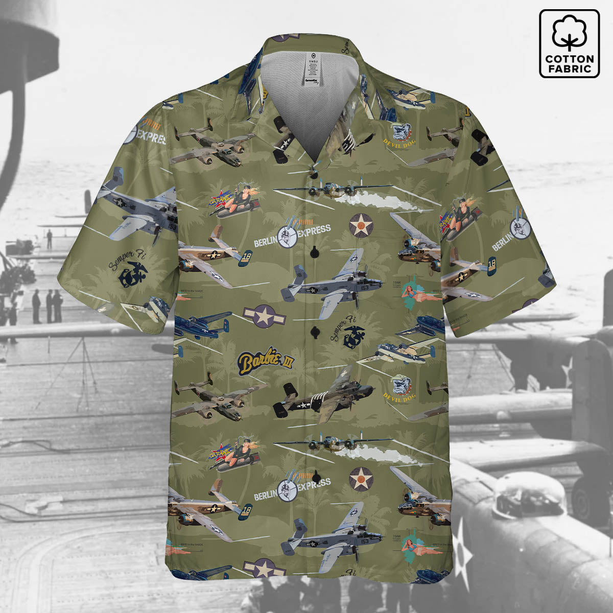 "B-25 Mitchell Tribute" Hawaiian Shirt Cotton - Olive