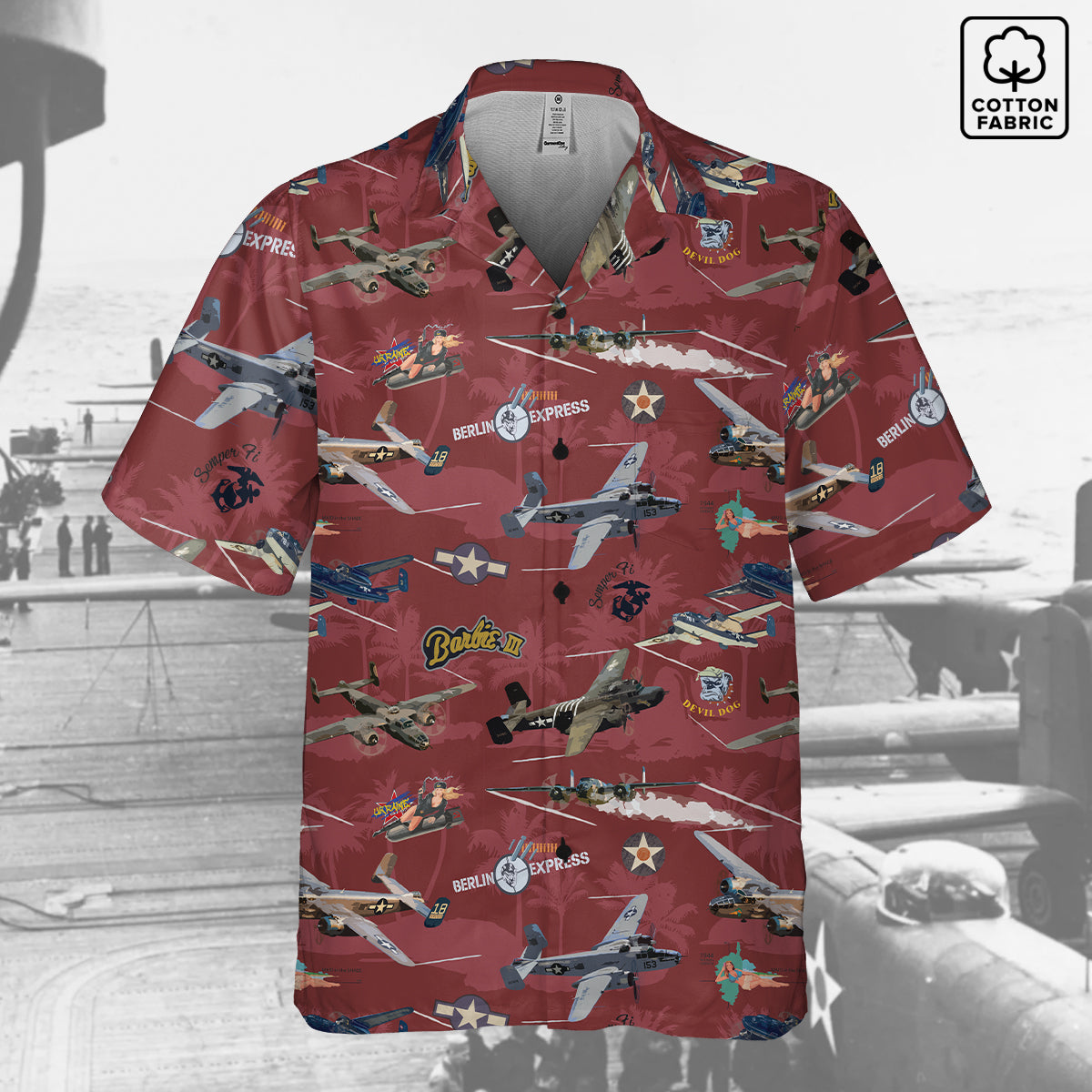 "B-25 Mitchell Tribute" Hawaiian Shirt Cotton - Red