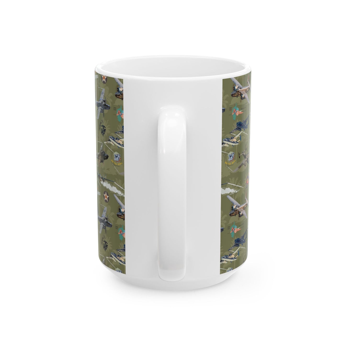 B-25 bomber-themed green ceramic mug with a sleek design, available in 11oz and 15oz sizes, microwave and dishwasher safe.
