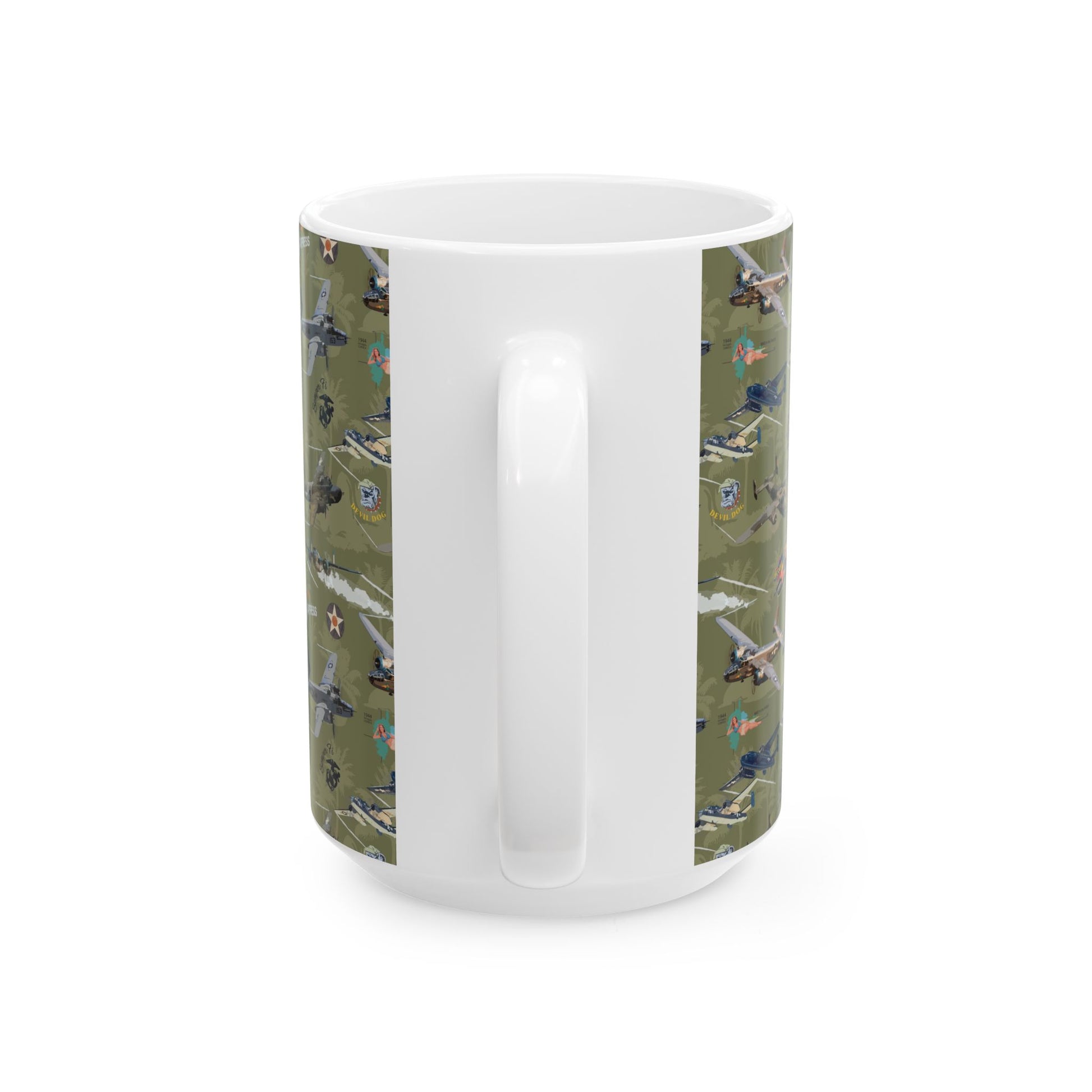B-25 bomber-themed green ceramic mug with a sleek design, available in 11oz and 15oz sizes, microwave and dishwasher safe.