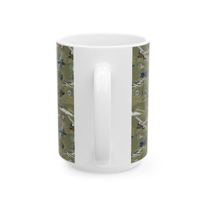 B-25 bomber-themed green ceramic mug with a sleek design, available in 11oz and 15oz sizes, microwave and dishwasher safe.