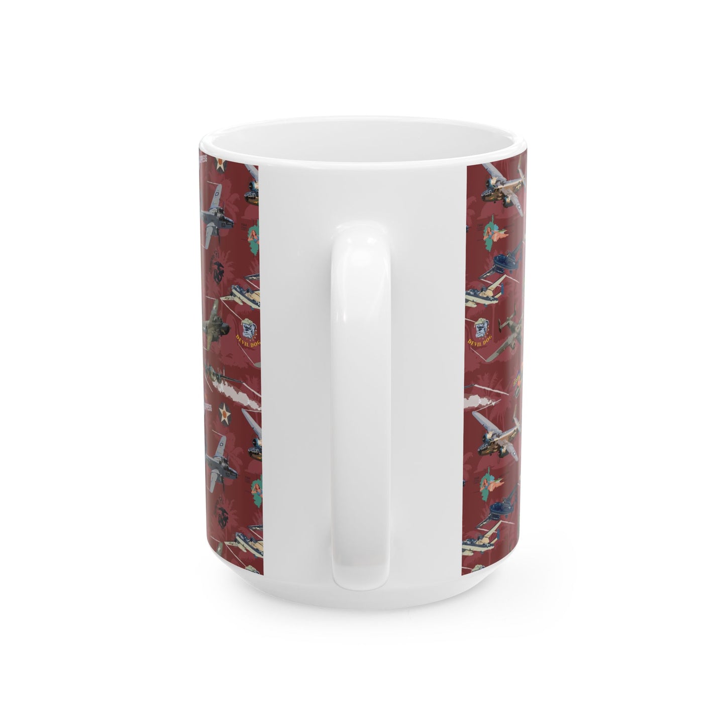 Red ceramic mug featuring a bold graphic of the B-25 bomber, available in 11oz and 15oz sizes, perfect for aviation lovers and collectors.