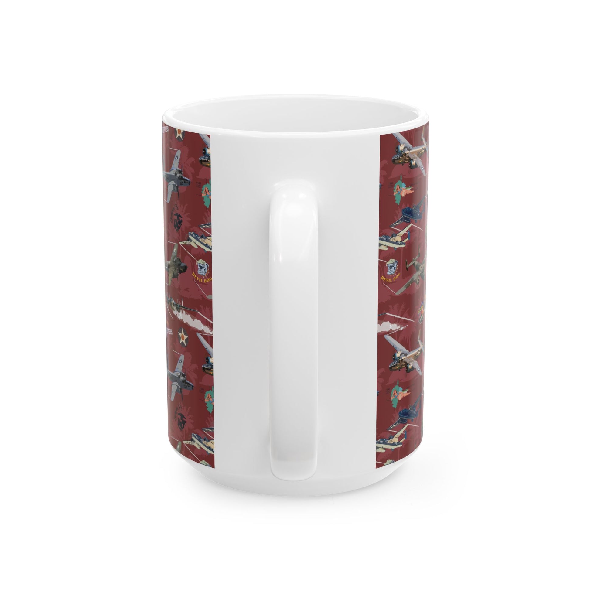 Red ceramic mug featuring a bold graphic of the B-25 bomber, available in 11oz and 15oz sizes, perfect for aviation lovers and collectors.