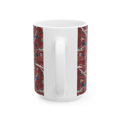 Red ceramic mug featuring a bold graphic of the B-25 bomber, available in 11oz and 15oz sizes, perfect for aviation lovers and collectors.