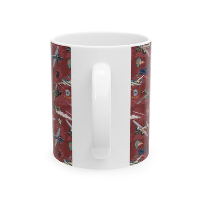 ​B-25 bomber illustration on a red ceramic mug, ideal for collectors, available in 11oz and 15oz sizes, microwave and dishwasher safe.