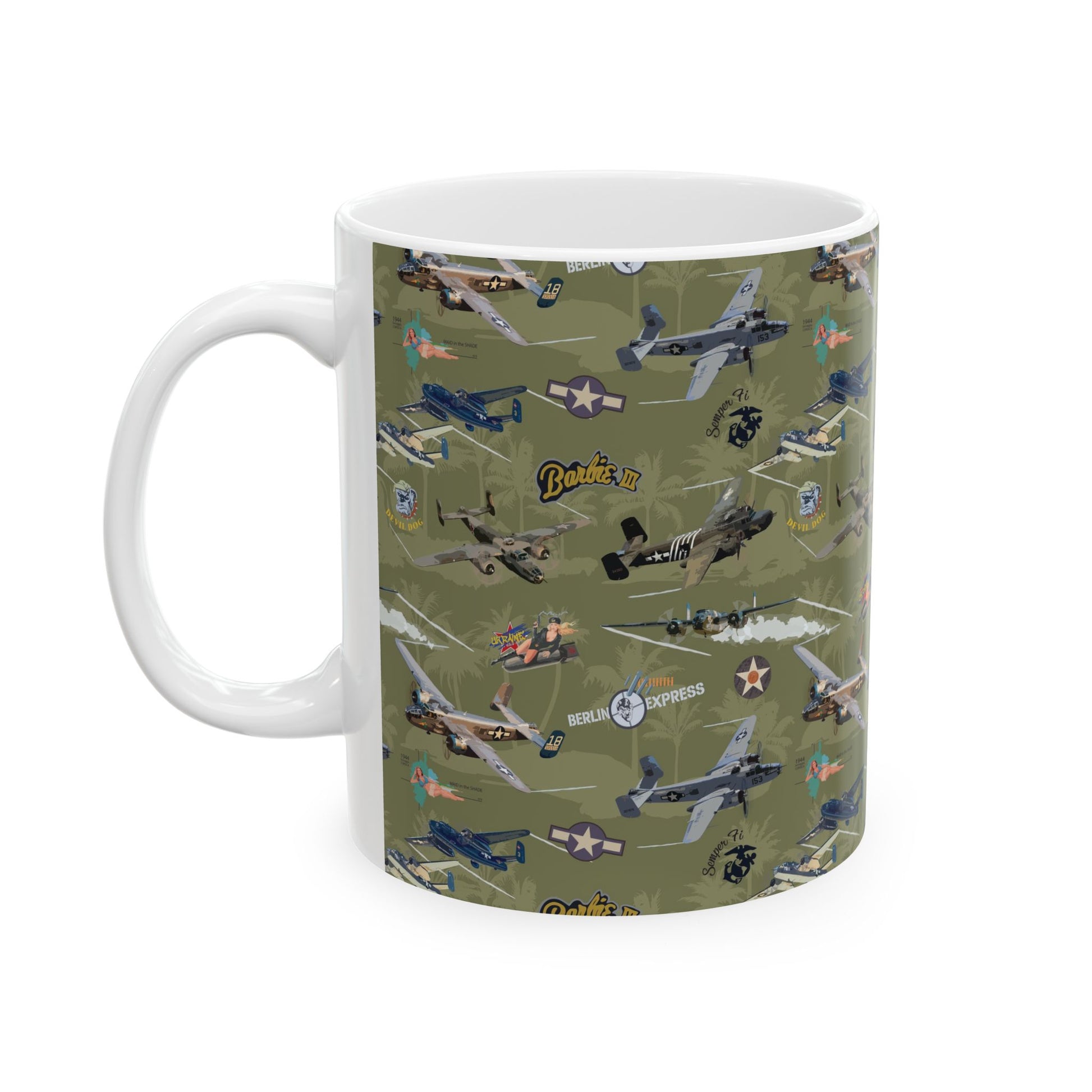​Green ceramic mug showcasing the iconic B-25 bomber, available in 11oz and 15oz sizes, perfect for daily use or as a collector's item.