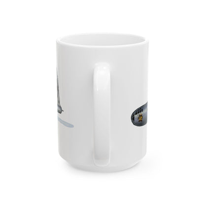 ​B-29 Bockscar ceramic mug with a bold bomber graphic, available in 11oz and 15oz sizes, microwave and dishwasher safe.