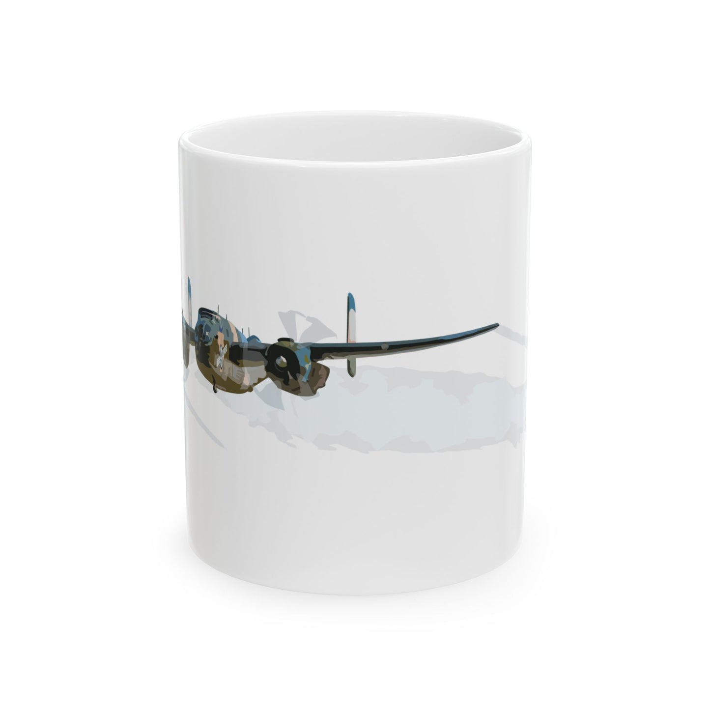 ​B-25 "Berlin Express" bomber-themed ceramic mug, available in 11oz and 15oz sizes, microwave and dishwasher safe.