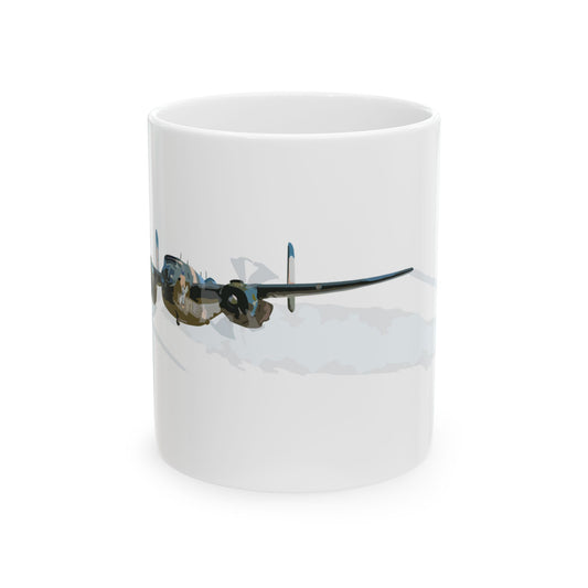 ​B-25 "Berlin Express" bomber-themed ceramic mug, available in 11oz and 15oz sizes, microwave and dishwasher safe.