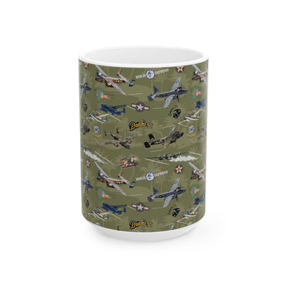 Green ceramic mug featuring a detailed B-25 bomber graphic, perfect for aviation enthusiasts, available in two sizes: 11oz and 15oz.