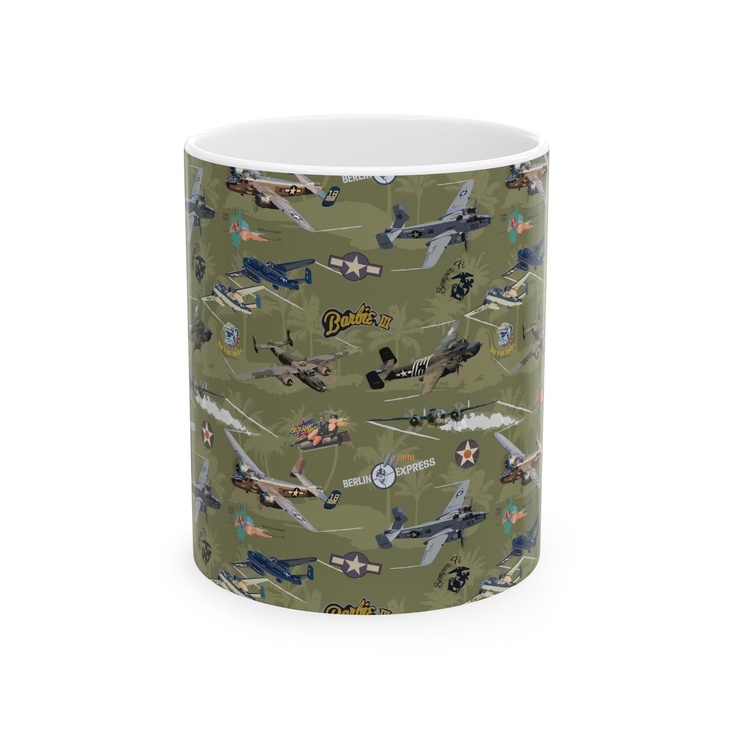 ​B-25 bomber-themed green ceramic mug, available in 11oz and 15oz sizes, microwave and dishwasher safe.