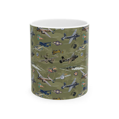 ​B-25 bomber-themed green ceramic mug, available in 11oz and 15oz sizes, microwave and dishwasher safe.