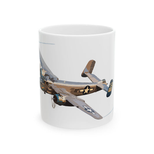 ​B-25 "Maid in the Shade" bomber-themed ceramic mug, available in 11oz and 15oz sizes, microwave and dishwasher safe.