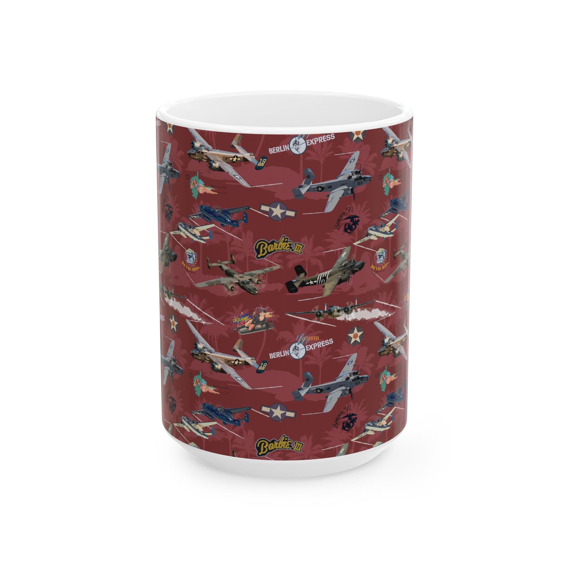 ​B-25 bomber-themed red ceramic mug, available in 11oz and 15oz sizes, microwave and dishwasher safe.
