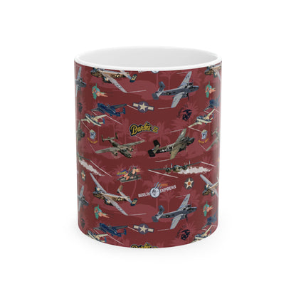 ​B-25 bomber-themed red ceramic mug, available in 11oz and 15oz sizes, microwave and dishwasher safe.