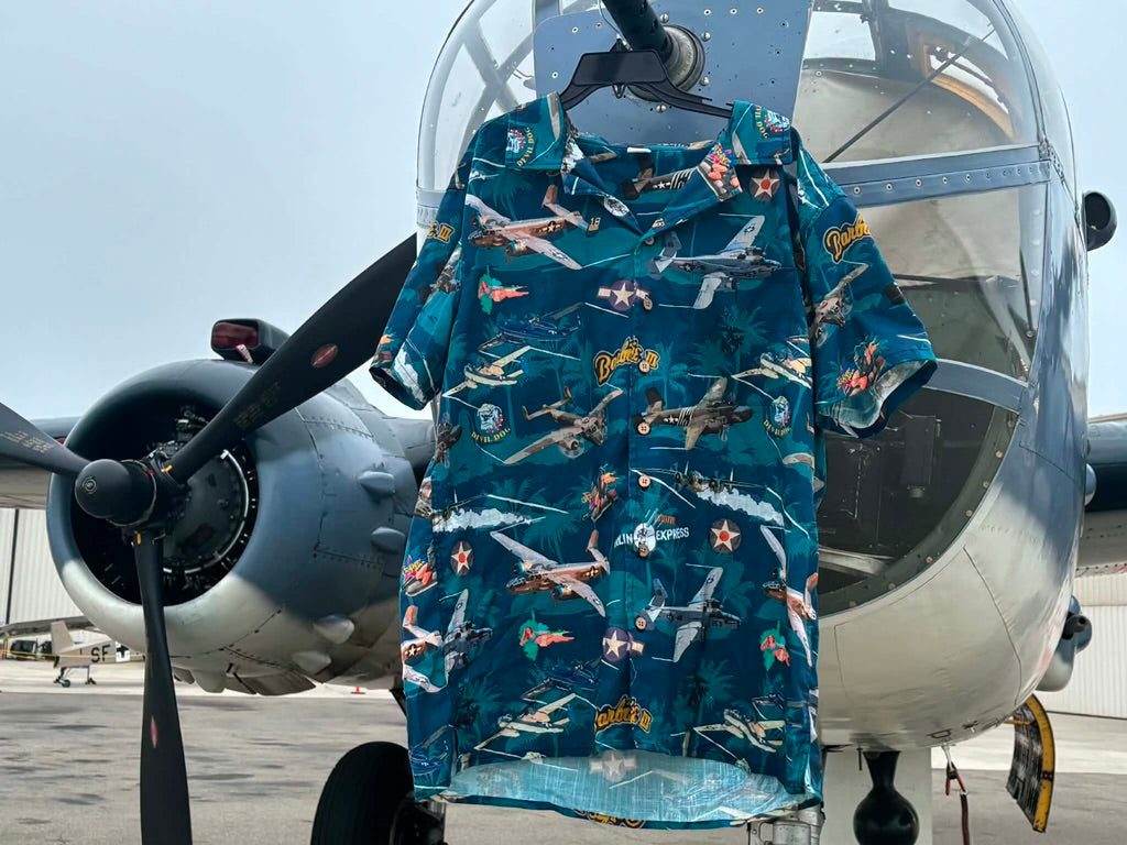 "B-25 Mitchell Tribute" Hawaiian Shirt 100%  Cotton - Blue