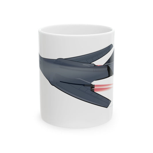 ​White ceramic mug featuring a detailed illustration of the B-1B Lancer bomber, available in 11oz and 15oz sizes, microwave and dishwasher safe.