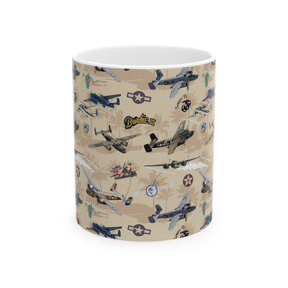 White ceramic mug featuring B-25 "Russian to Get Ya" nose art design, available in 11oz and 15oz sizes, with a glossy finish and comfortable C-handle.​