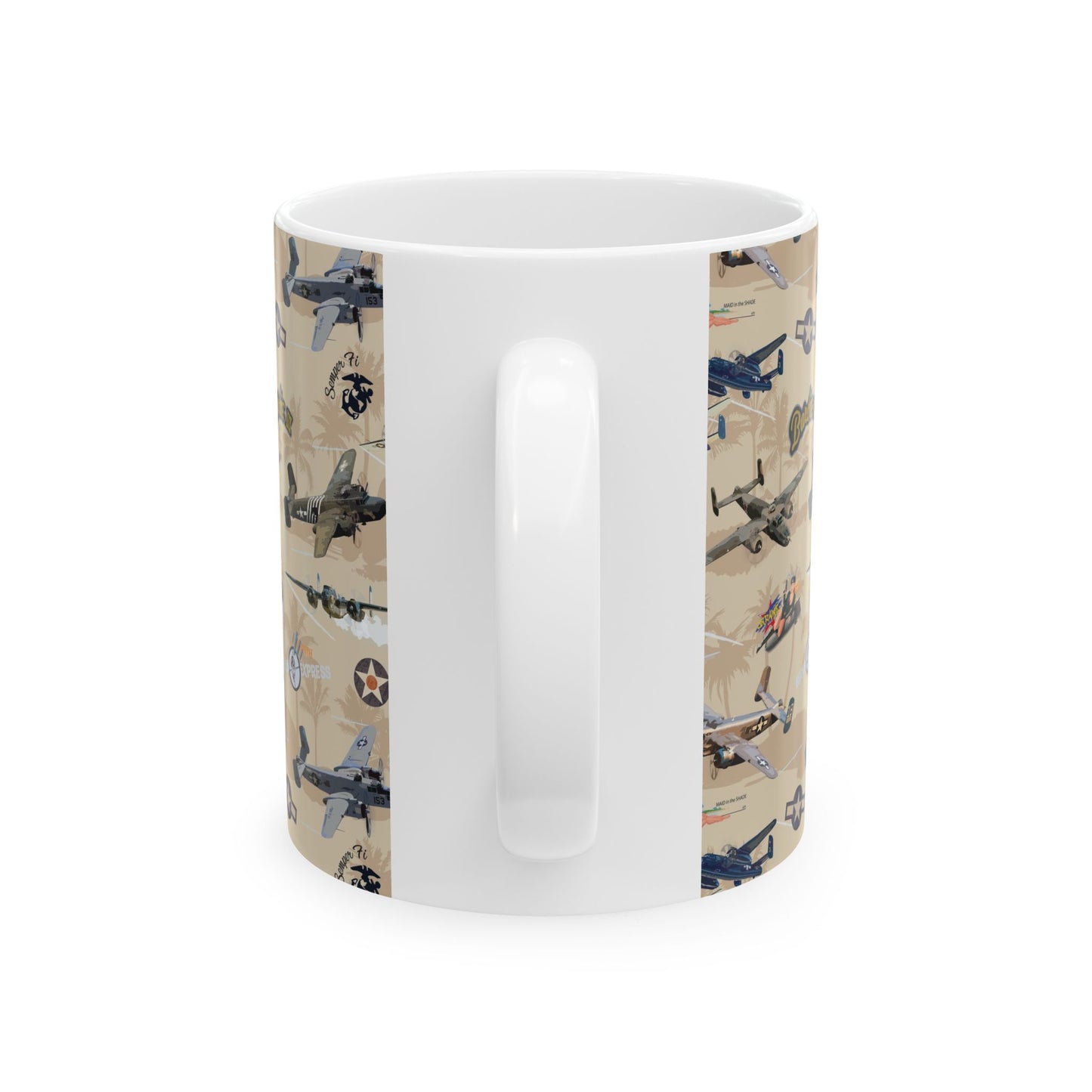 Glossy white ceramic mug adorned with historic B-25 "Russian to Get Ya" artwork, microwave and dishwasher safe, available in 11oz and 15oz capacities.​