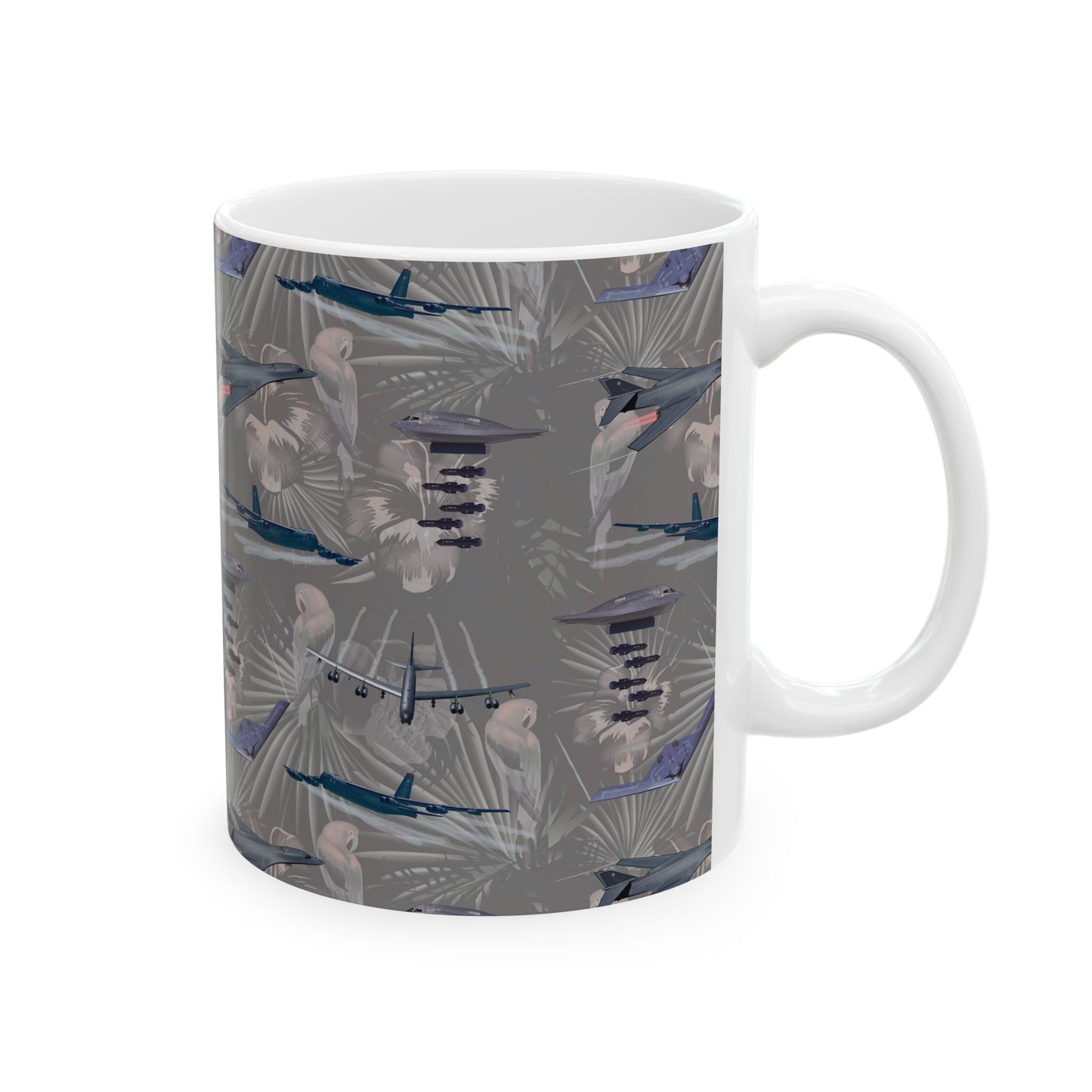 Classic black ceramic coffee mug showcasing imagery of legendary bombers, perfect for collectors, available in both 11oz and 15oz sizes.