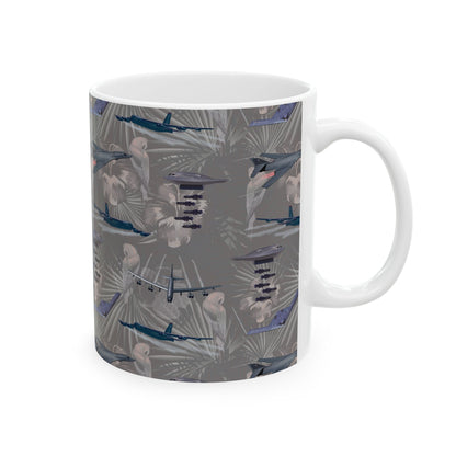 Classic black ceramic coffee mug showcasing imagery of legendary bombers, perfect for collectors, available in both 11oz and 15oz sizes.
