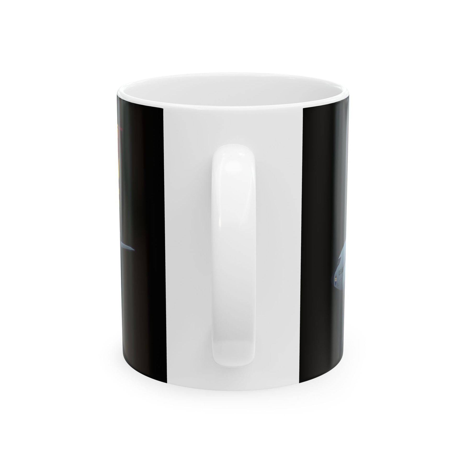 KC-135 Stratotanker-themed black ceramic mug, available in 11oz and 15oz sizes, ideal for collectors, microwave and dishwasher safe.