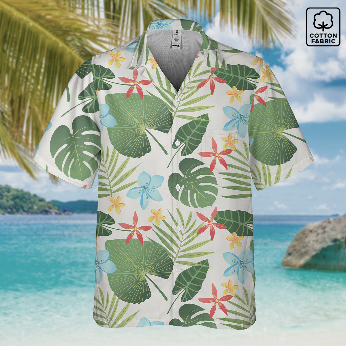 Caribbean Leaf Carnival Hawaiian shirt in cotton, featuring vibrant green leaves and tropical flowers