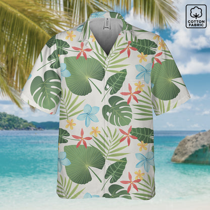 Caribbean Leaf Carnival Hawaiian shirt in cotton, featuring vibrant green leaves and tropical flowers