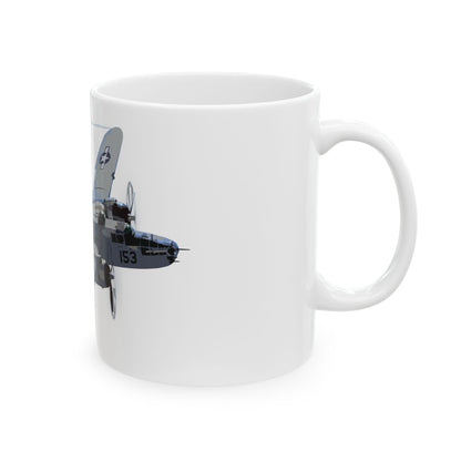 B-25 bomber-themed ceramic mug with a sleek design honoring the Tuskegee Airmen, available in 11oz and 15oz sizes, microwave and dishwasher safe.