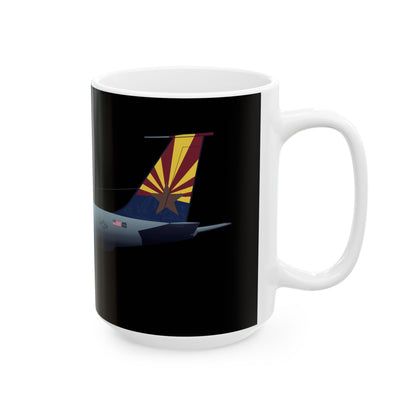 KC-135 Stratotanker-themed black ceramic mug, available in 11oz and 15oz sizes, great for military aviation enthusiasts, microwave and dishwasher safe.