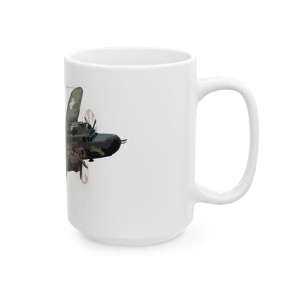 Ceramic mug with a B-25 "Barbie" bomber design, available in 11oz and 15oz sizes, a perfect gift for aviation enthusiasts and collectors.