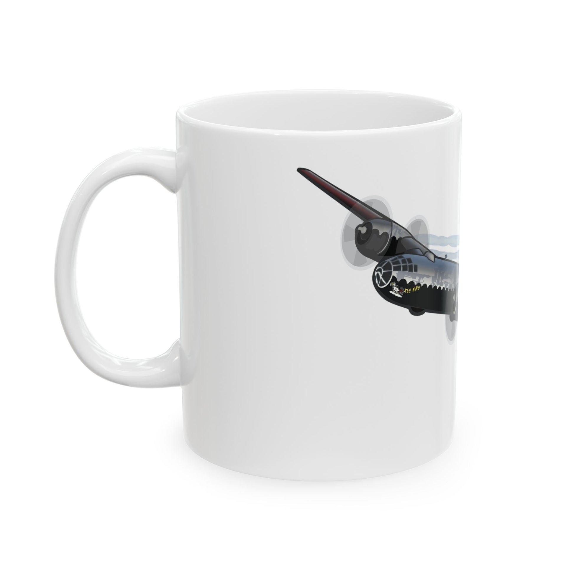 ​White ceramic mug featuring the B-29 Kee Bird bomber, available in 11oz and 15oz sizes, perfect for daily use or as a collector's item.