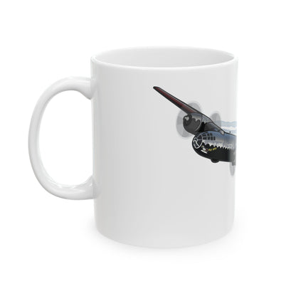 ​White ceramic mug featuring the B-29 Kee Bird bomber, available in 11oz and 15oz sizes, perfect for daily use or as a collector's item.