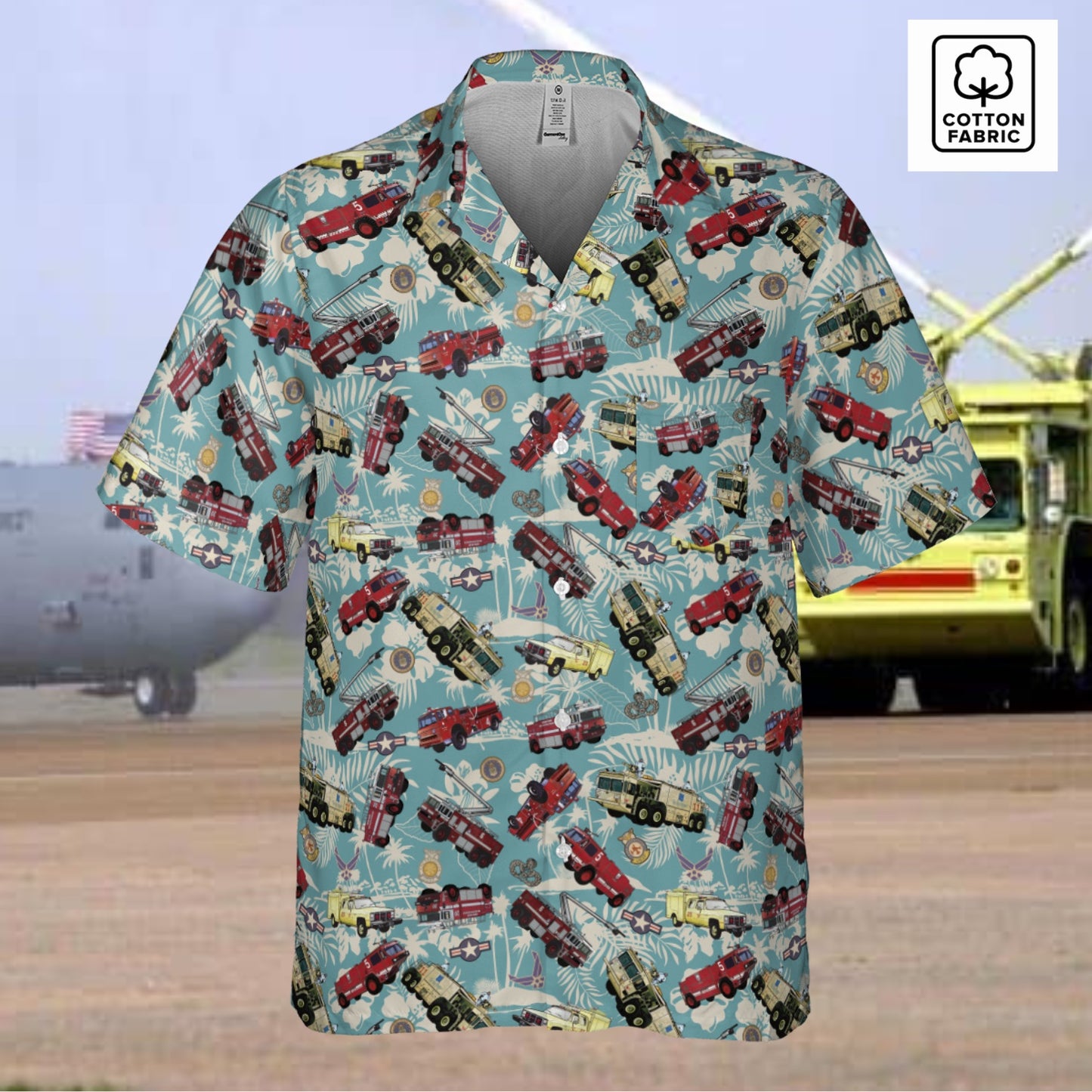 Hawaiian Shirt - "Chanute Era Crash Trucks" - Light Blue in Cotton