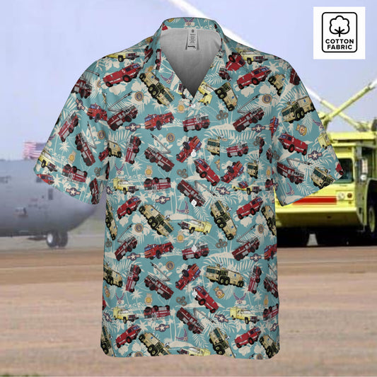 Hawaiian Shirt - "Chanute Era Crash Trucks" - Light Blue in Cotton