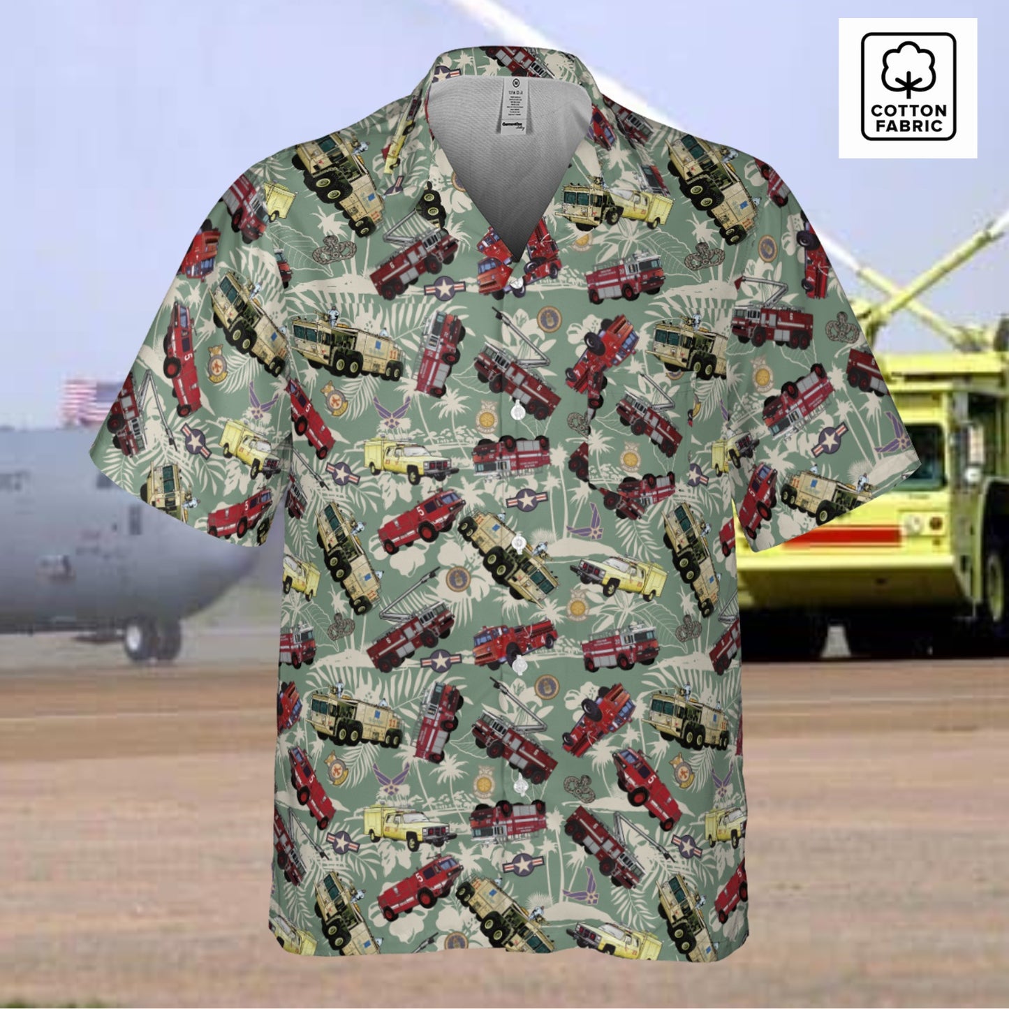 Hawaiian Shirt - "Chanute Era Crash Trucks" - Light Green in Cotton