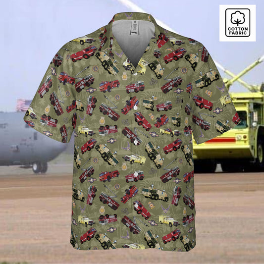 Hawaiian Shirt - "Chanute Era Crash Trucks" - Olive Green in Cotton