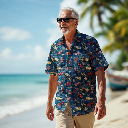 Hawaiian Shirt - "Chanute Era Crash Trucks" - Dark Blue 100% Cotton