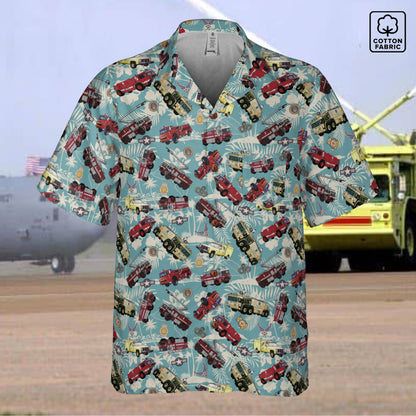 Hawaiian Shirt - "Chanute Era Crash Trucks" - Light Blue 100% Cotton