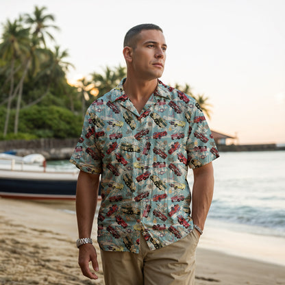 Hawaiian Shirt - "Chanute Era Crash Trucks" - Light Blue 100% Cotton