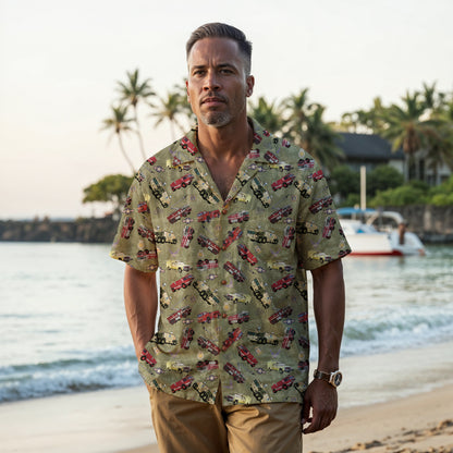 Hawaiian Shirt - "Chanute Era Crash Trucks" - Olive Green 100% Cotton