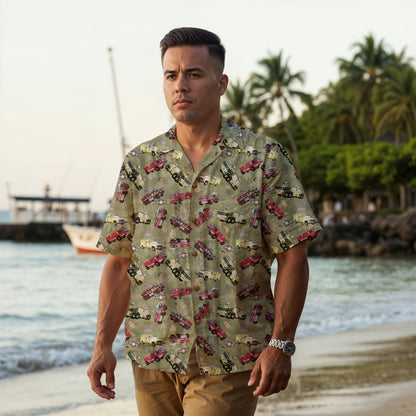 Hawaiian Shirt - "Chanute Era Crash Trucks" - Olive Green 100% Cotton